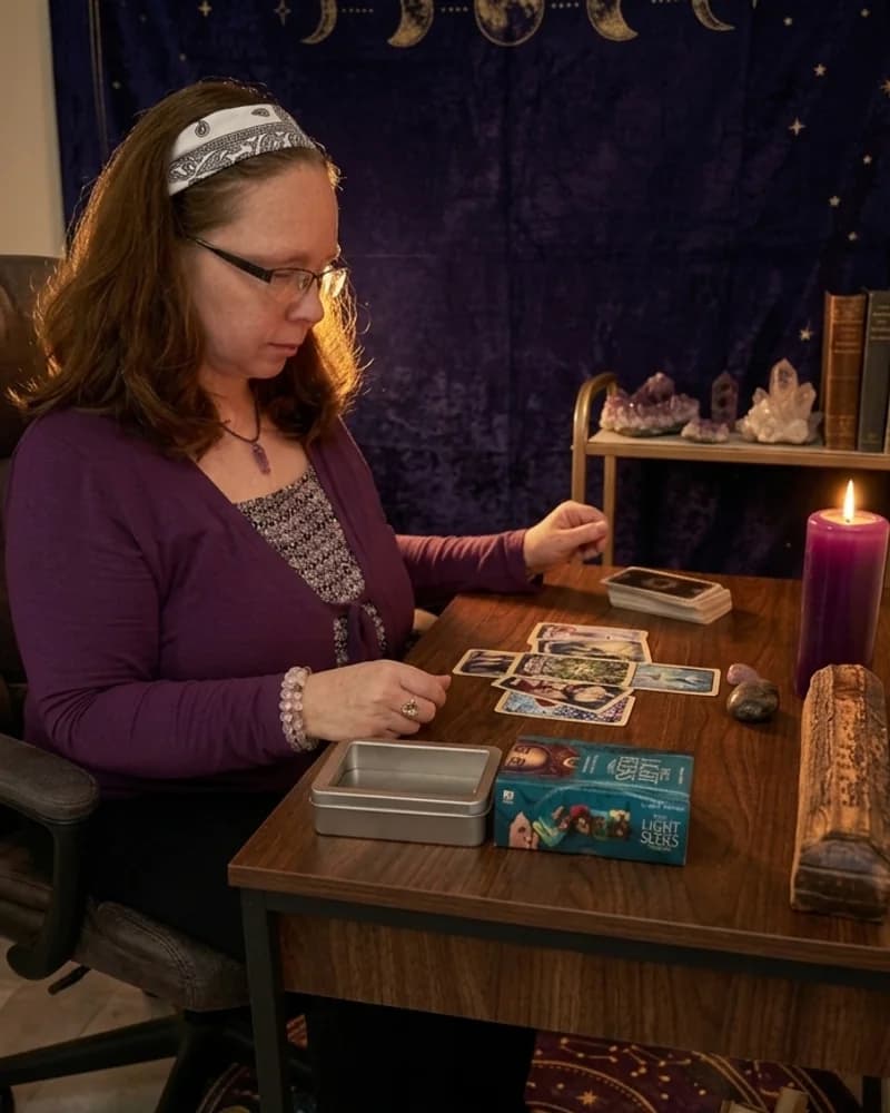 Kelly at her tarot reading table — cards laid out with a lit candle and ritual objects